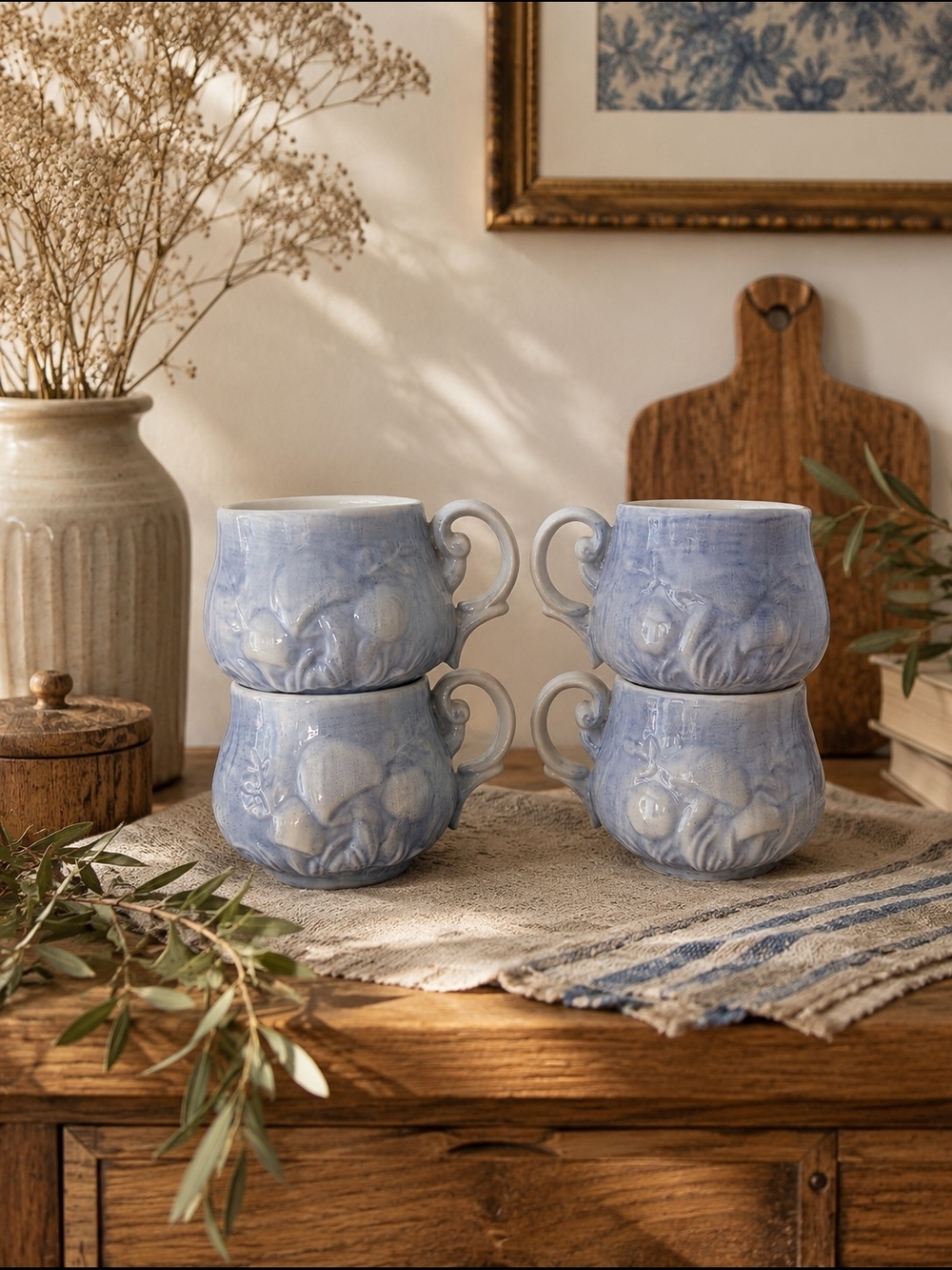 Vintage Les Potiers Blue Mushroom Relief Mug Set • Country Cottagecore